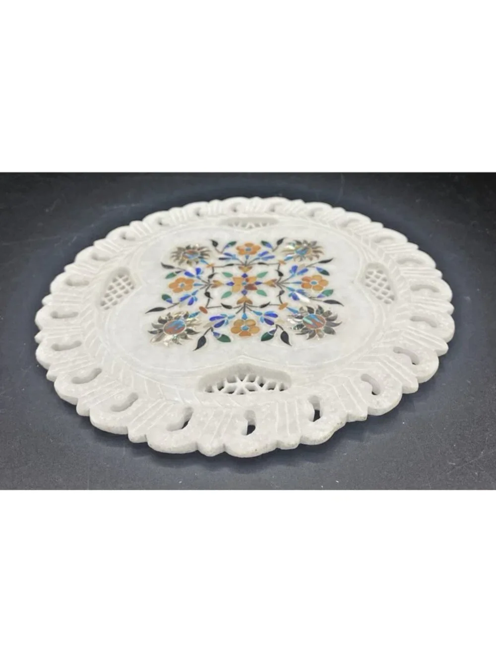 Inlaid Marble Plate Floral Stone Handmade Decor Boho Cottage 7 Inches